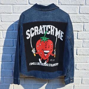 Upcycled Denim Jean Jacket with Strawberry Graphic